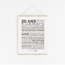 A poster celebrating 20 years of love and commitment, featuring a simple typographic design in neutral tones.