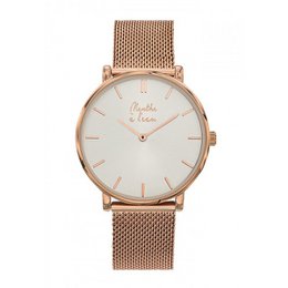 Rose gold mesh band watch with white dial and rose gold accents.
