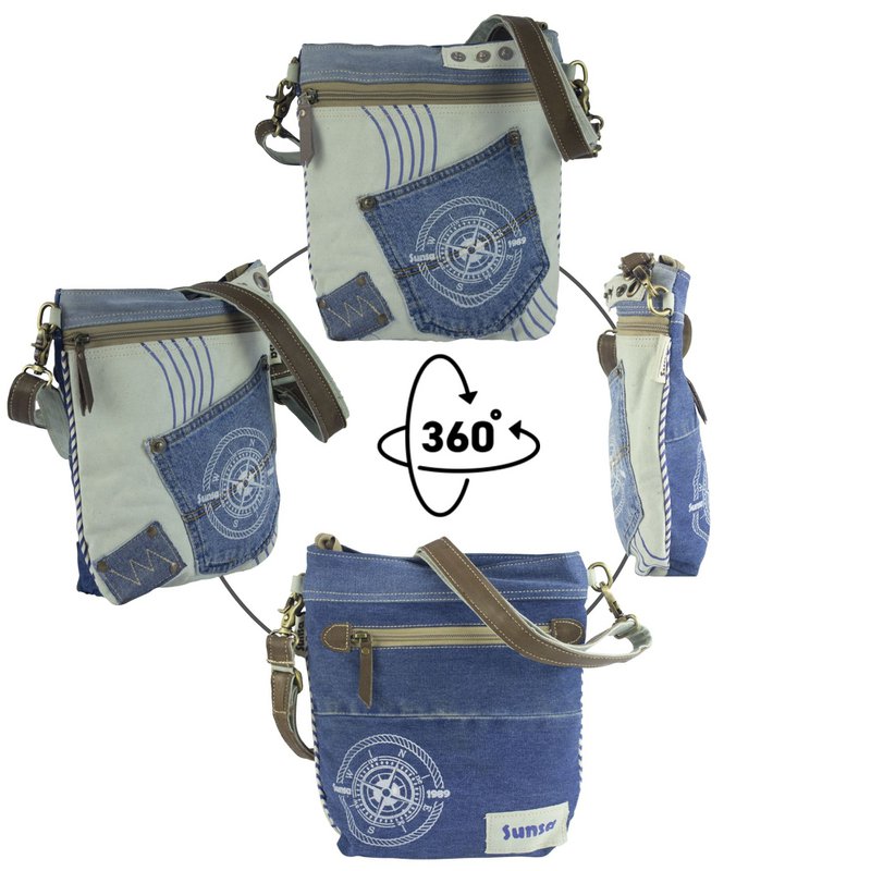 Sunsa Bæredygtig Skuldertaske til kvinder. Skuldertaske lavet af genbrugte jeans & canvas (canvas). Håndtaske i vintage retro stil. Crossbody taske til kvinder med maritimt motiv