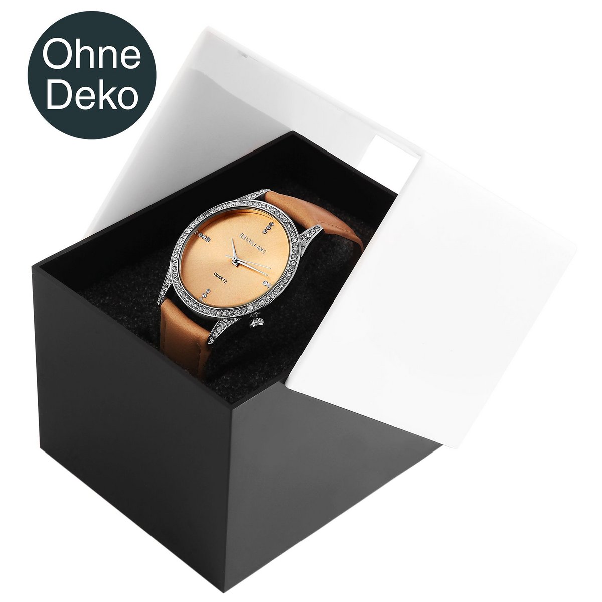 Plastic watch box, black/white, hinged lid, pack of 12, 9.9 cm x 8.1 cm x 6.8 cm