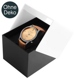 Plastic watch box, black/white, hinged lid, pack of 12, 9.9 cm x 8.1 cm x 6.8 cm