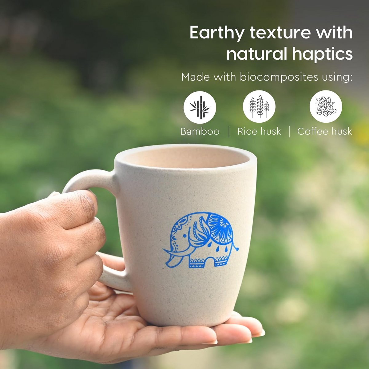Regali di nozze ecologici per coppie Ecofy | Set da 1 | Regali realizzati con biocomposito di buccia di riso | Tazza e portachiavi stampati con elefante | 300ml| Certificato TUV del castello di sabbia