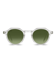 Stylish round sunglasses in a transparent frame with green gradient lenses.