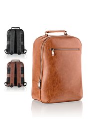 Cognac-colored leather backpack with a minimalist design, featuring a top handle and adjustable straps for comfortable carrying.