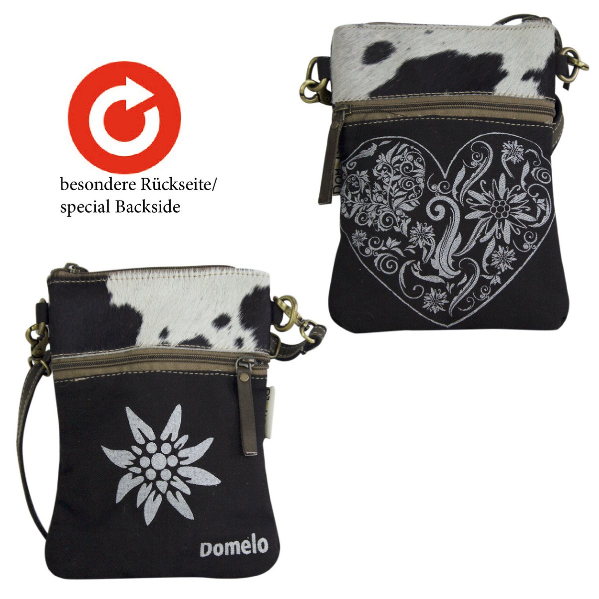 Traditionele tas van Domelo. Dames schoudertas. Dirndl schoudertas gemaakt van canvas en leer. Handtas in traditionele stijl met hartedelweissprint. Crossbodytas voor dames als Oktoberfest-accessoire.