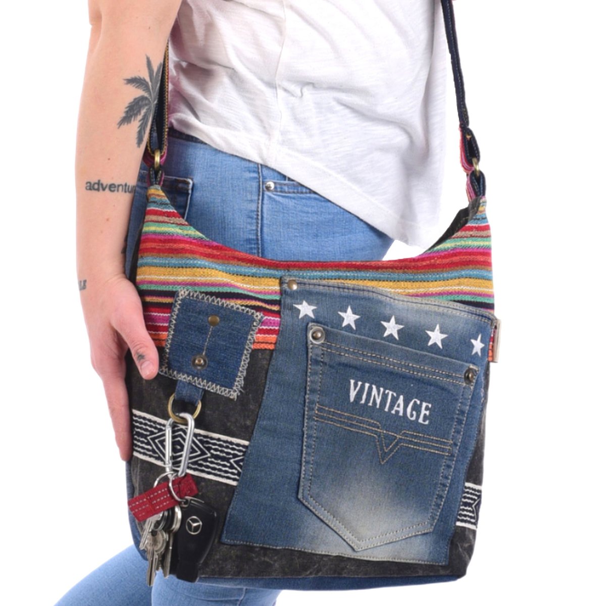 Sunsa schoudertas van upcycled jeans & canvas, vegan damestas