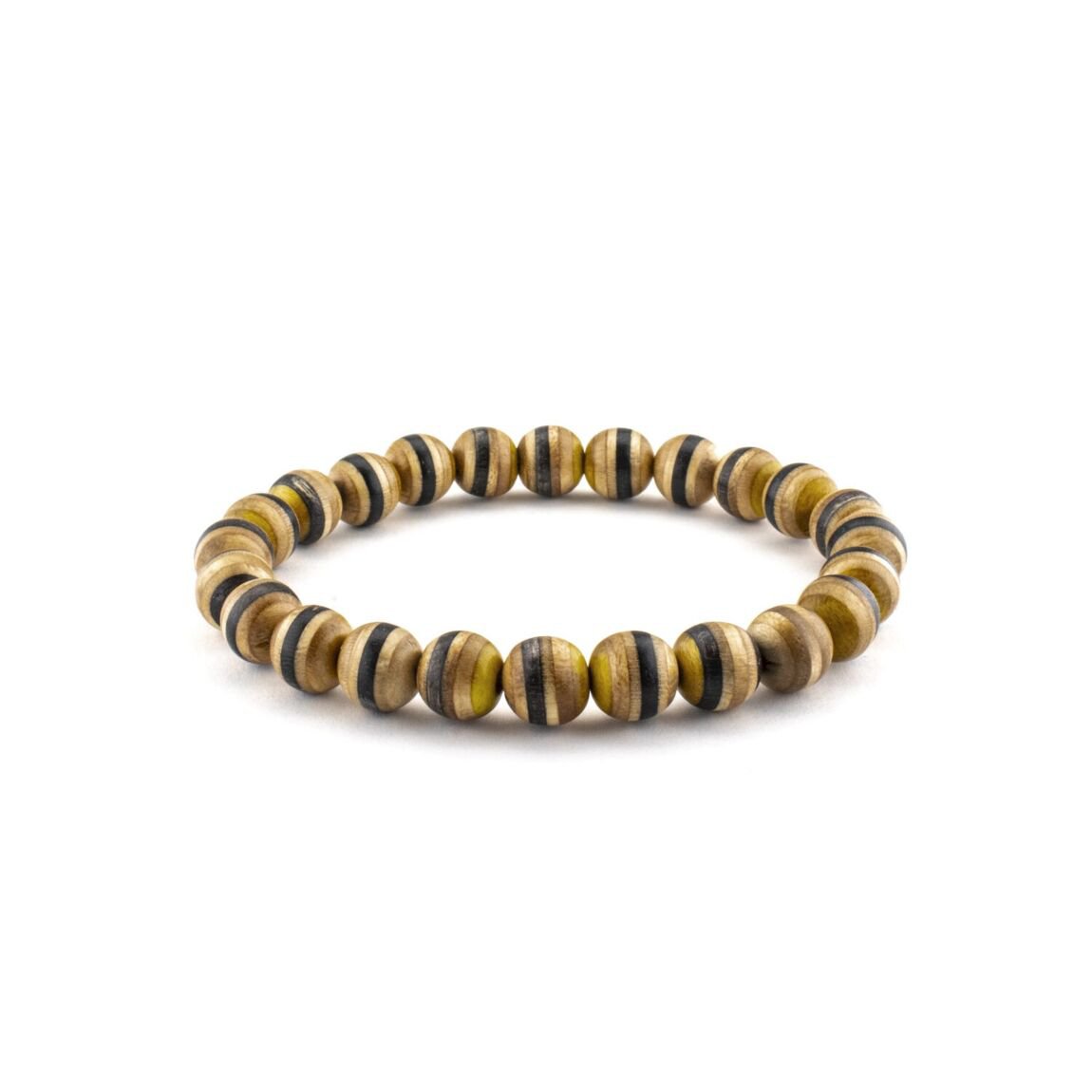 Recycled skateboard Wood bead bracelet, yellow, strechable, unisex, 8mm beads