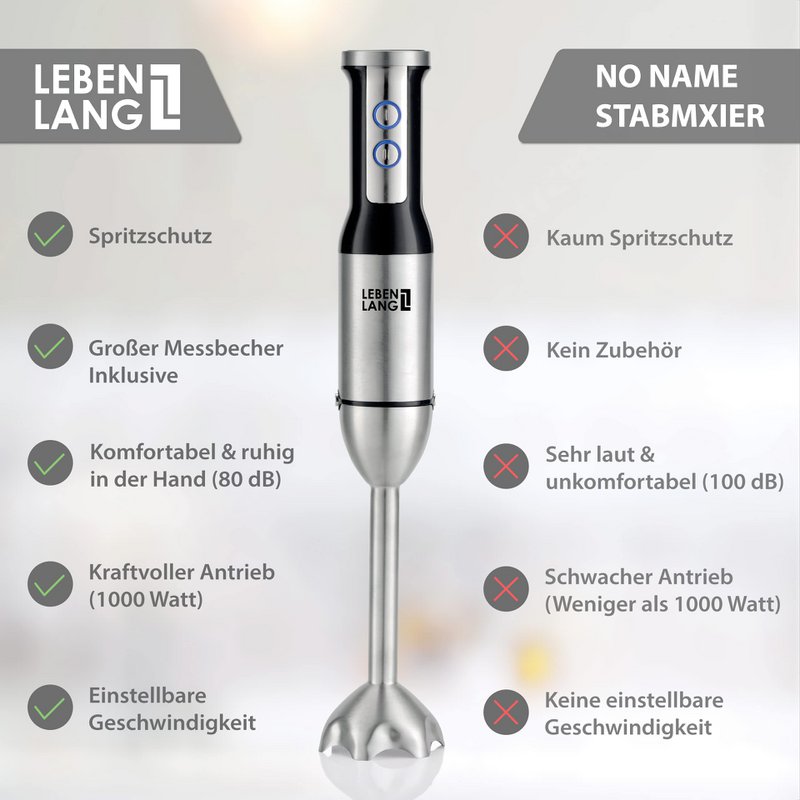 LIFETIME 1000W hand blender stainless steel - with splash guard and 8 levels plus turbo | High-quality stainless steel blender and blender | Kitchen Wand | Hand blender stirring rod stick - mixer 1000 watts