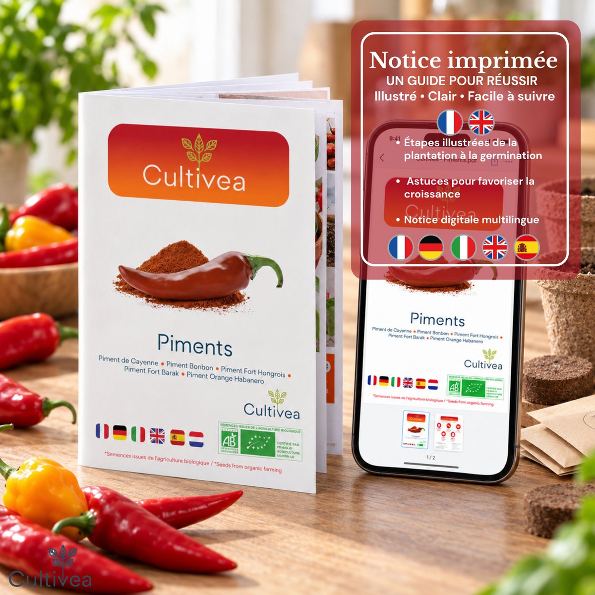 CULTIVEA® Kit de Ají Orgánico para Plantar - Caja de Semillas de Chile con Chile Habanero, Naranja, Cayena, Barak, Húngaro y Candy - Kit Completo de Semillas Vegetales - Idea de Regalo