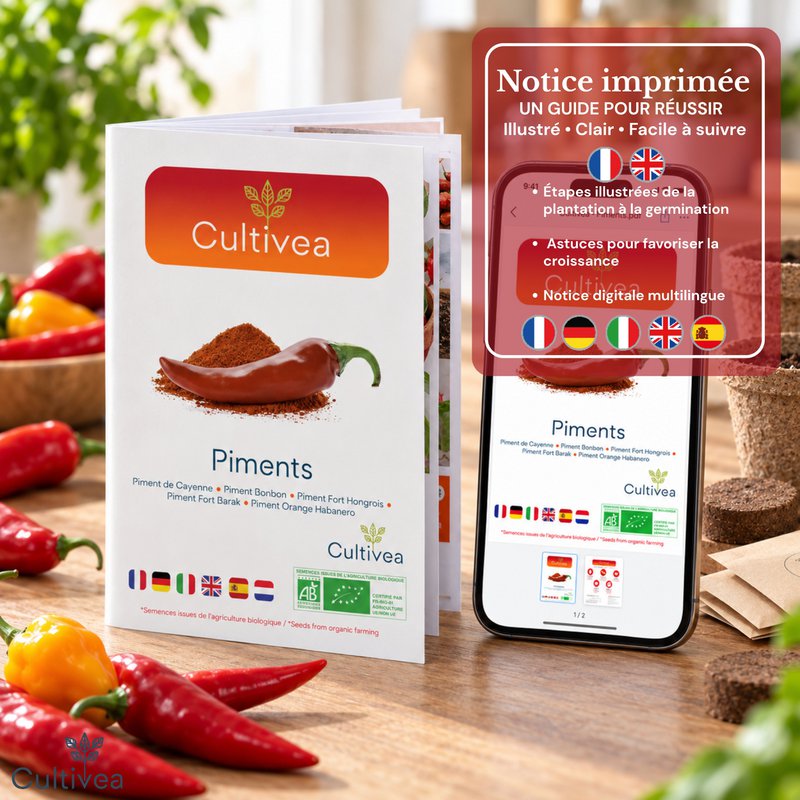CULTIVEA® Kit de Ají Orgánico para Plantar - Caja de Semillas de Chile con Chile Habanero, Naranja, Cayena, Barak, Húngaro y Candy - Kit Completo de Semillas Vegetales - Idea de Regalo