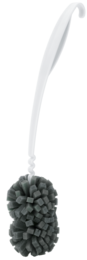 A white kitchen sponge with a black scrubbing pad attached.