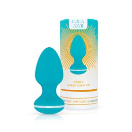 Teal-colored vibrating anal plug made of silicone material, designed for couples.