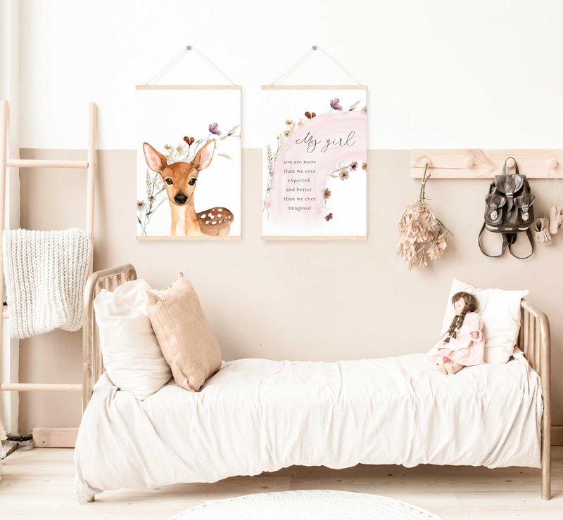 Deer poster, deer print, cute deer print, woodland animals nursery print, floral nursery print, wildflowers print, girls nursery poster, girls room poster