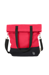 A large, red shopper bag with black handles and a detachable shoulder strap. The bag has a simple, minimalist design and appears to be made of a durable, canvas-like material.