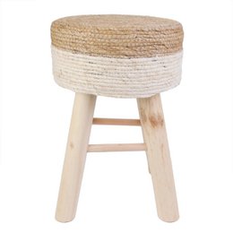 Round jute stool - Ø 30 x 42 cm - Wooden stool - bohemian stool with wooden legs - Multifunctional for living room, bedroom & hall - Durable stool - Brown/White
