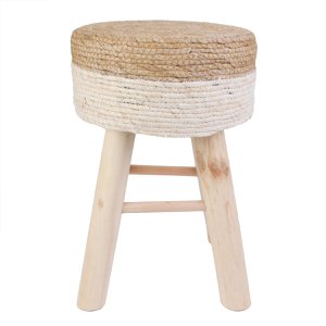 Round jute stool - Ø 30 x 42 cm - Wooden stool - bohemian stool with wooden legs - Multifunctional for living room, bedroom & hall - Durable stool - Brown/White