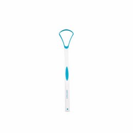 A blue and white tongue scraper for oral care. The scraper has a curved shape and a handle for easy use.
