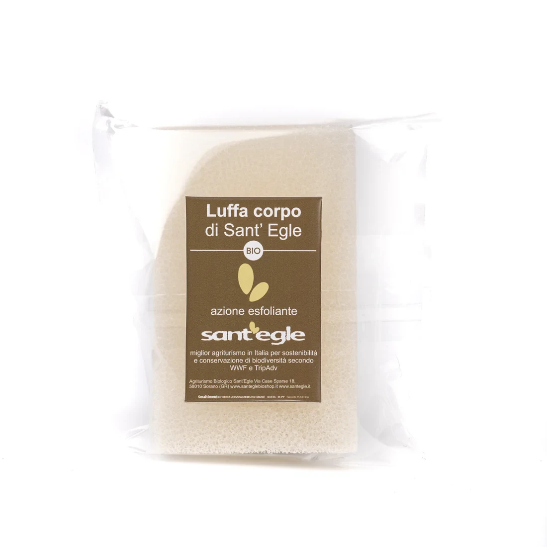 Organic loofah, a scrub sponge that doubles as a soap dish, made of 100% vegetable fibre