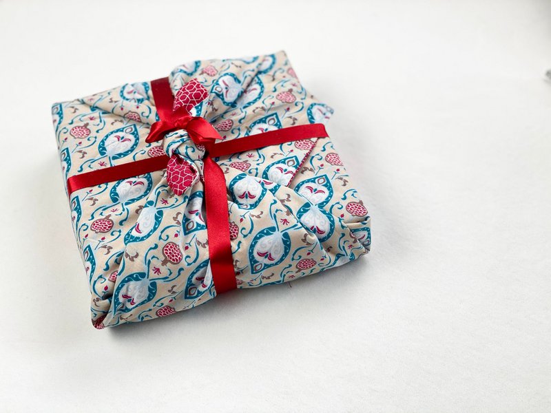 Envoltura de regalo Furoshiki - Paquete de 6 piezas de color verde azulado y cereza - Envoltura de regalo de tela