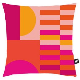 Soft velvet cushion cover in vibrant colors of pink, orange, and yellow. Features geometric patterns and shapes, including stripes, rectangles, and a sun-like design. Suitable for adding a bold, modern touch to any living space.