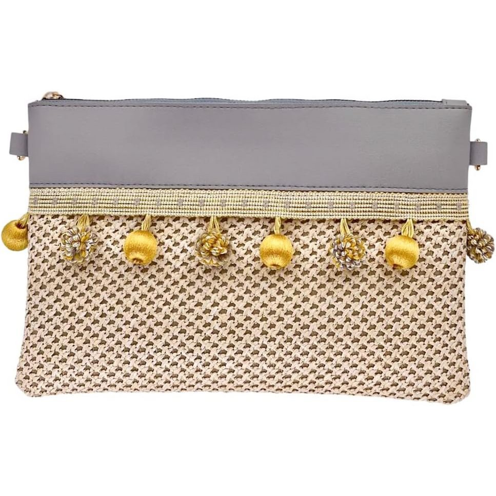 Gewebte Strohtasche "Valetta" Klein // 2 in 1 Umhängetasche & Stroh-Clutch mit Bommel // Gewebte Strandtasche, Basttasche, Flechttasche, Crossbody Tasche für Sommer, Strand - Boho Chic