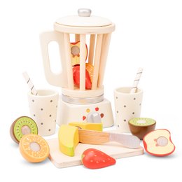 A colorful wooden toy smoothie maker with various plastic fruit and vegetable pieces. The smoothie maker has a clear container and a blender-like design, allowing children to pretend to make smoothies.