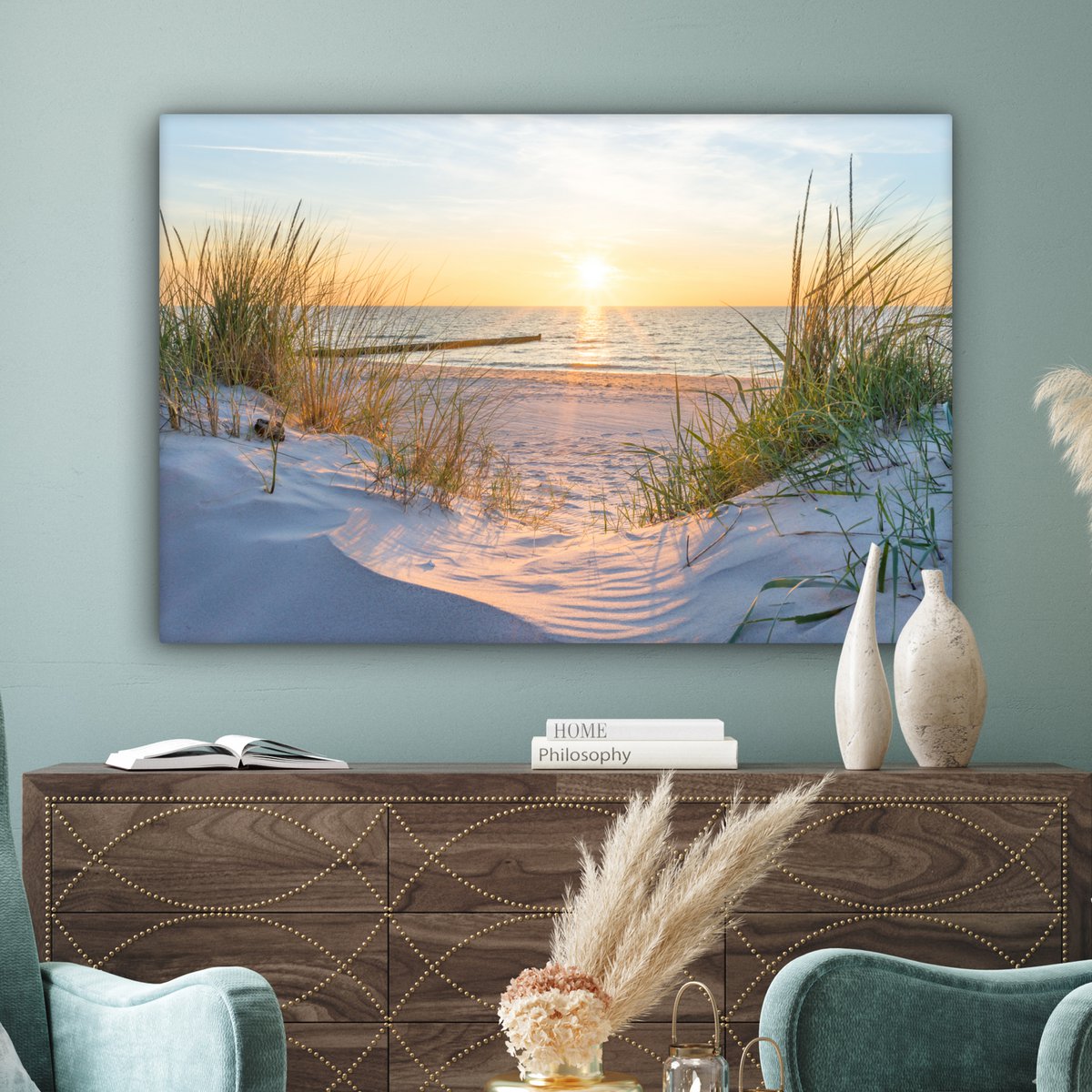 Pintura de lienzo - Decoración de pared - Playa - Sol - Dune - hierba - arena - horizonte
