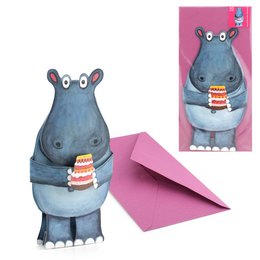 Tarjeta animal 3D hipopótamo con pastel