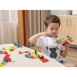 Colorful construction building set with 68 pieces for kids to build and create. Includes various shapes, sizes, and colors of plastic building blocks.
