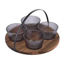 Glass aperitif bowls and wooden support x4