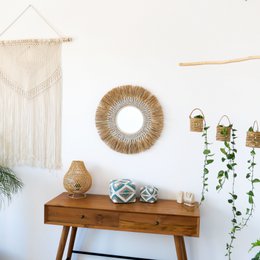 Raffia round mirror with cowrie shells - Mawi ø70cm