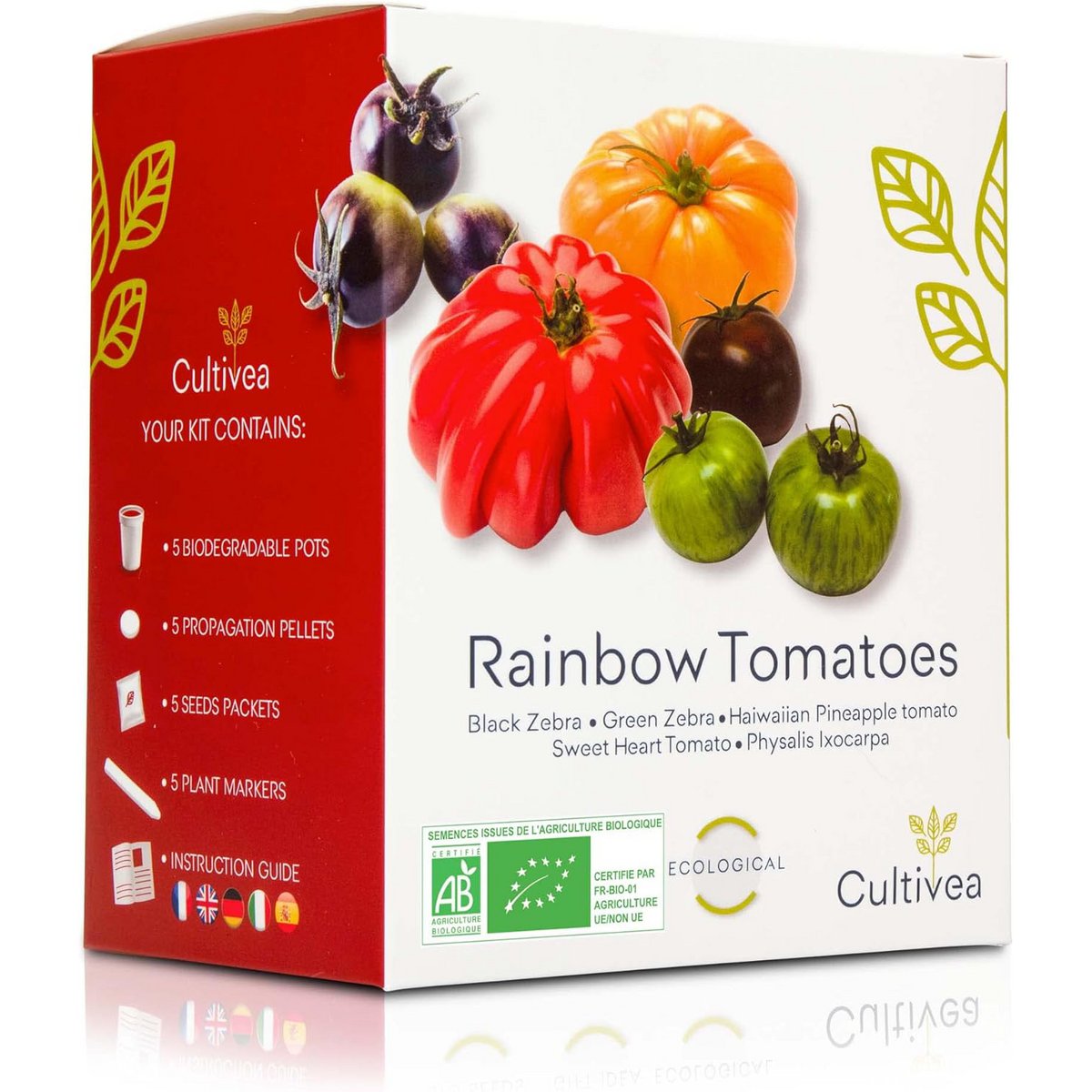 CULTIVEA® Organic* Tomatensamen-Set zum Pflanzen – 5 alte und farbenfrohe Sorten – Ochsenherztomate, Ananastomate, Grünes Zebra, Schwarzes Zebra, Physalis – Komplettes Tomatensetzlingsset mit Töpfen, Pastillen und Anleitung
