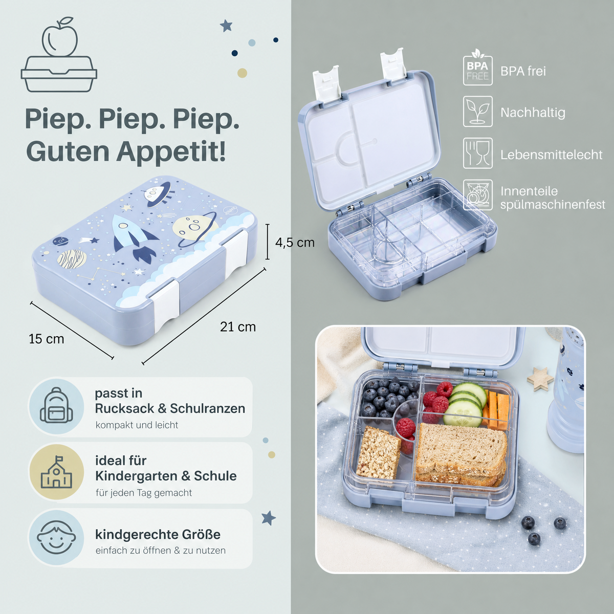 Children's lunch box leak-proof with compartments - Bento lunch box kindergarten BPA free - Space - JENARD