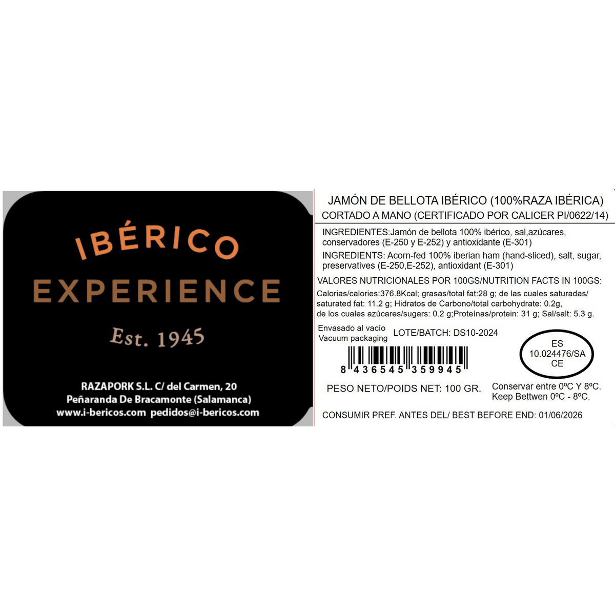 100% Iberyjskiego Acorn Ham 100G ręcznie wycięty (10 und)