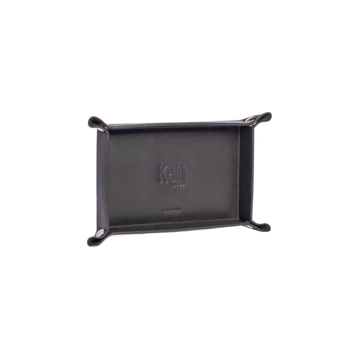 K0052AB | Vuotatasche Rettangolare in Vera Pelle pieno fiore, con leggera grana. Colore Nero. Chiusura con bottoni automatici in finitura Argento Lucido. Dimensioni (da chiuso): cm 17 x 11 x 3