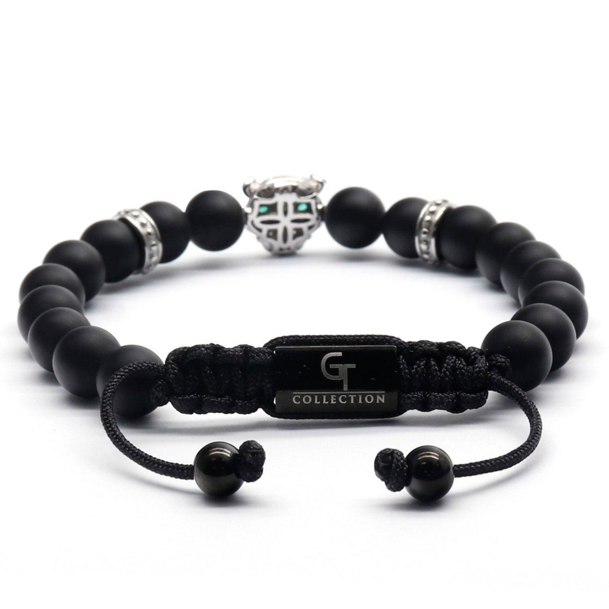 Bracelet Homme ONYX NOIR Avec Tête LÉOPARD Argenté