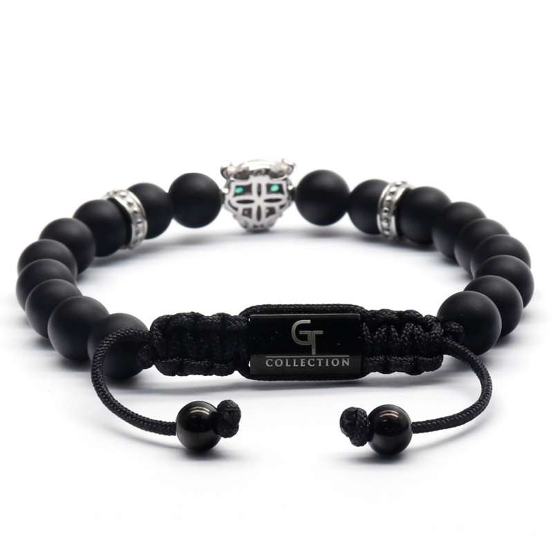Pulsera de hombre de ÓNIX NEGRO con cabeza de LEOPARDO plateada