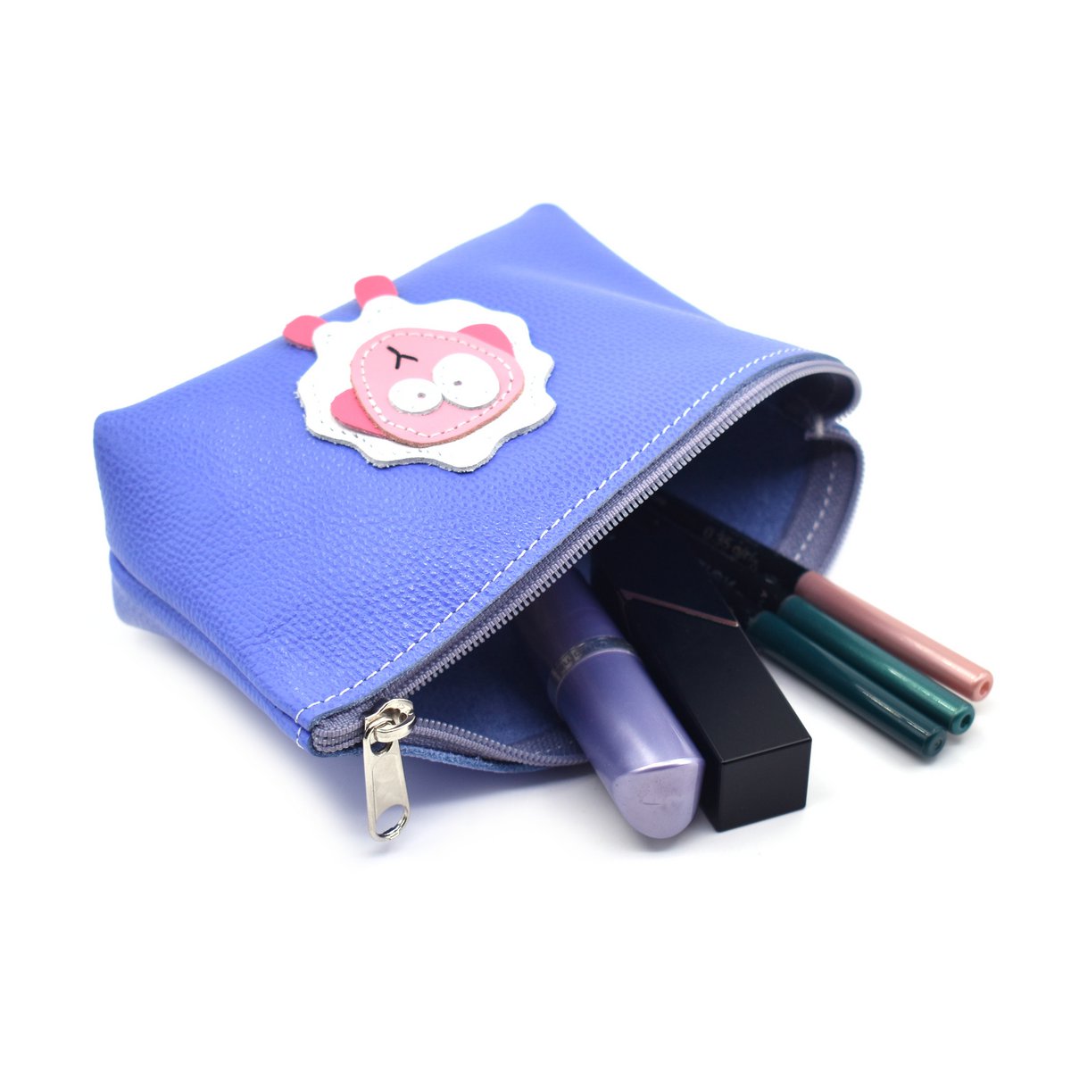 Handmade Full Grain Leather Makeup Bag With Cute Sheep