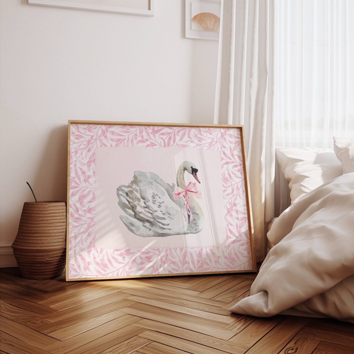 Swan with pink bow poster, vintage swan poster, Pink bow print, girls bow poster, pink toile art, pink girls room poster, girls nursery poster