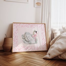 Swan with pink bow poster, vintage swan poster, Pink bow print, girls bow poster, pink toile art, pink girls room poster, girls nursery poster