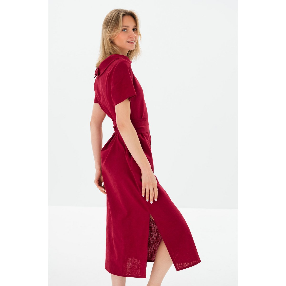 LONG STORY — Vestido midi de lino con cinturón y manga corta