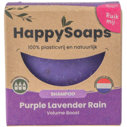 A round, solid purple shampoo bar with the text "Happy Soaps" printed on it. The shampoo bar is made of natural ingredients and is suitable for all hair types.