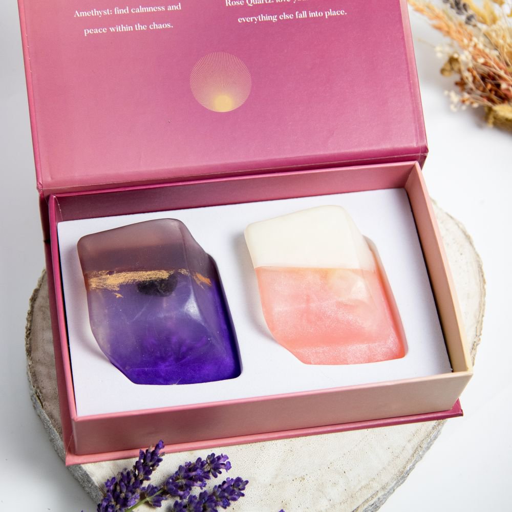 Gift set of crystal soaps - Amethyst & Rose Quartz