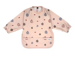 A pink baby bib with a waterproof collection pocket and polka dot pattern. Made of soft, durable material for easy cleaning and comfortable wear.