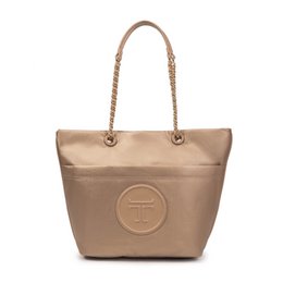  Nylon tote bag with cowhide trim, spacious bucket shape, chain handles, circular logo detail, available in neutral tones.