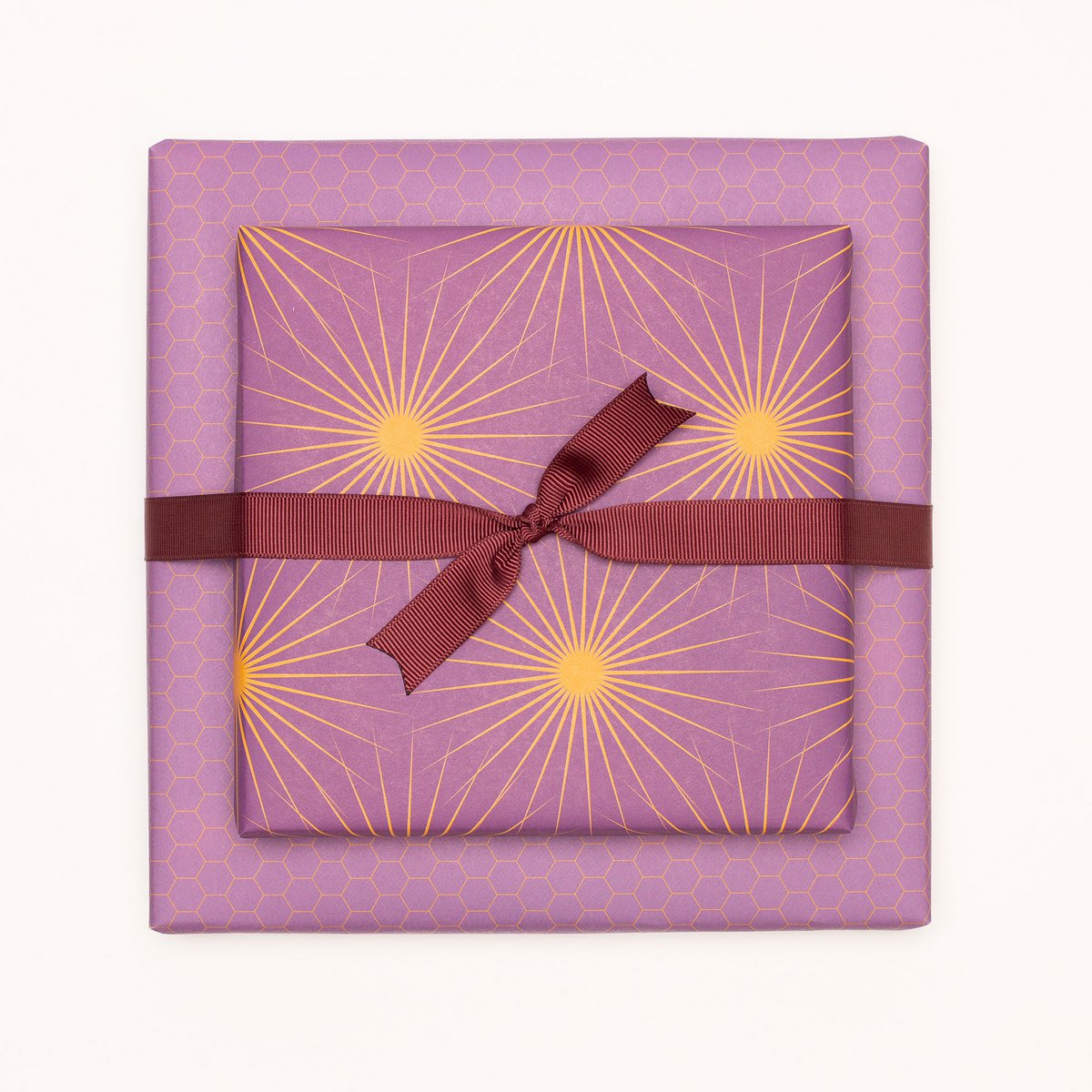 Lila Geschenkpapier mit Sonnensternen, retro Geschenkpapier orange und lila, ideal als Geburtstags- Geschenkpapier Frühling oder Weihnachtsgeschenkpapier
