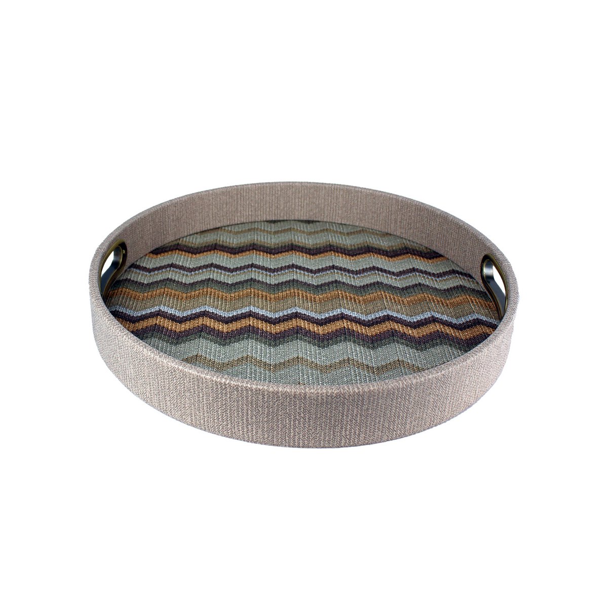 Rond bruin dienblad met zigzagpatroon met messing handgrepen