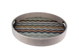 Rond bruin dienblad met zigzagpatroon met messing handgrepen