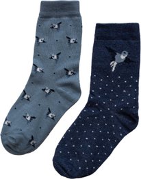  A pair of children's socks featuring a bird print pattern in blue and a polka dot pattern in navy blue. The socks are suitable for ages 19/22 to 35/38.