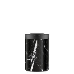 White travel tumbler with black lid, 350ml capacity, made of durable materials.